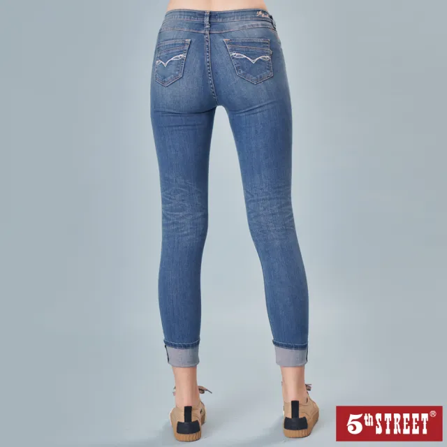 【5th STREET】雙11 女貓窄管反折褲-中古藍