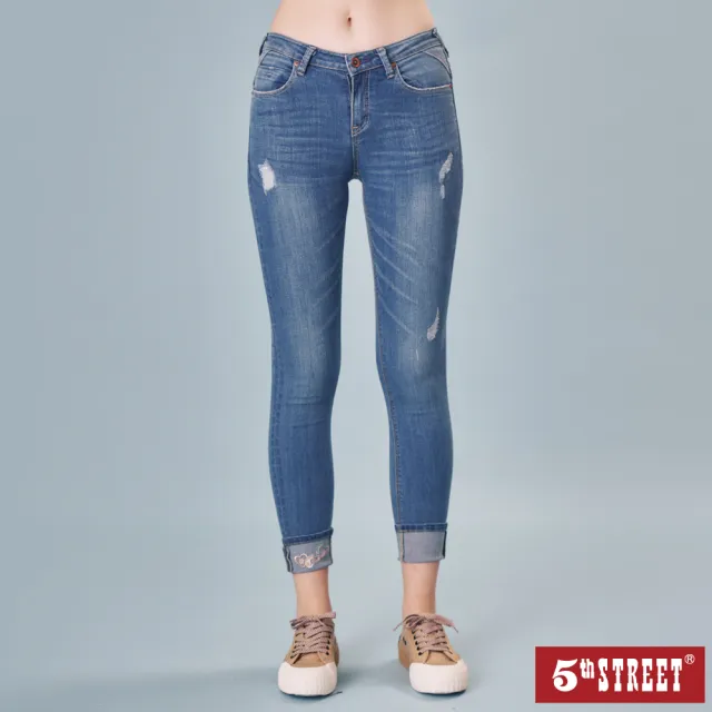 【5th STREET】雙11 女貓窄管反折褲-中古藍