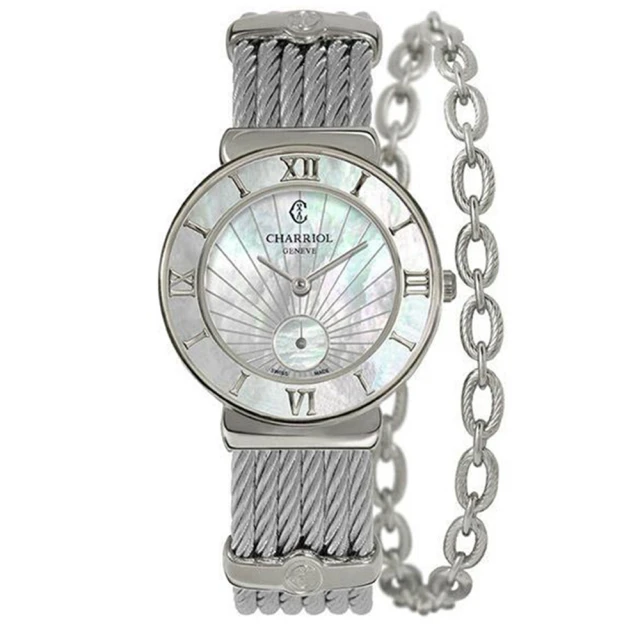 【CHARRIOL 夏利豪】ST-TROPEZ 太陽紋珍珠貝鎖鍊錶x銀x30mm(ST30SI 560 008)