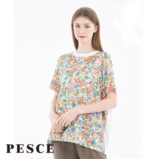 【PESCE】短袖圓領寬鬆上衣、天絲印染彩繪花朵(前短後長設計/顯瘦必buy)