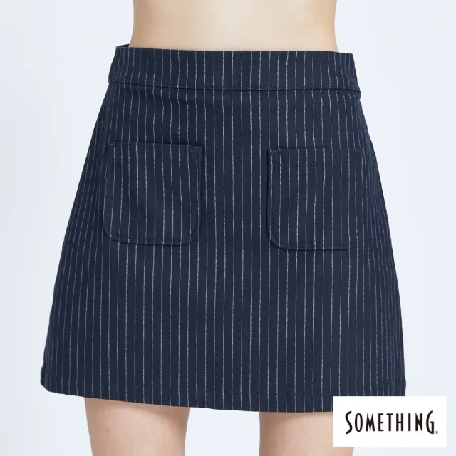 【SOMETHING】女裝 A字細條紋短裙(丈青色)