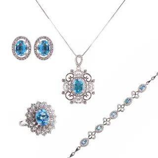 【雨揚】璀璨湛藍珠寶級拓帕石套組-項鍊+手鍊+戒指+耳環