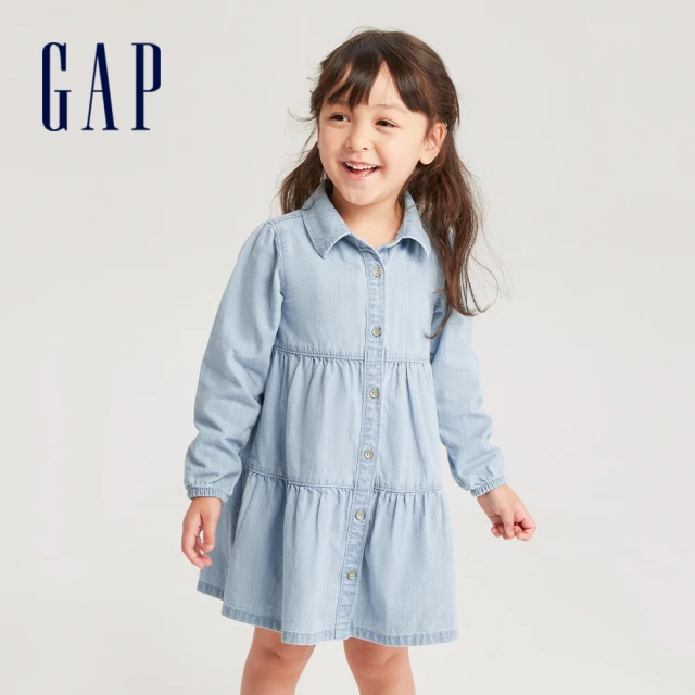 GAPGAP 女幼童 純棉翻領牛仔長袖洋裝-淺藍色(811040)