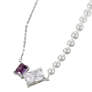 【ANGEL】紫白方晶設計不對襯珍珠拼接鎖骨短鍊(白色)