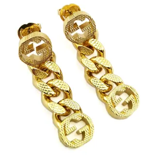 【GUCCI 古馳】台灣現貨-Interlocking G 金色垂墜式鍊帶針式耳環