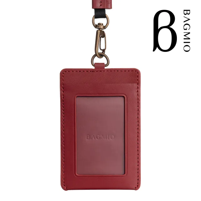 【BAGMIO】牛皮直式雙卡證件套-紅(附織帶/霧面視窗)