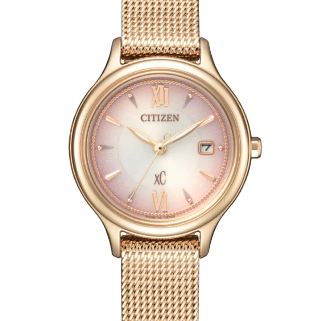 【CITIZEN 星辰】XC系列 光動能藍寶石玻璃時尚米蘭帶淑女錶-香檳金28mm(EW2635-54W 櫻花粉紅金)