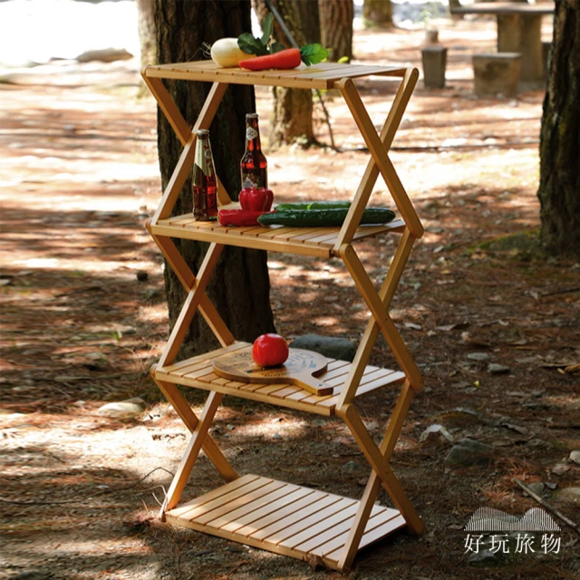 好玩旅物 竹木可變形折疊置物架野餐桌露營架(附收納袋｜戶外野營野炊摺疊收納架 陽台收納 木架鞋架花架)