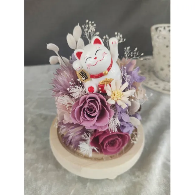 【OSTARA FLORIST 奧斯塔拉花藝】太陽能招財貓永生花罩盅(永生花材、不凋玫瑰、永生配材)