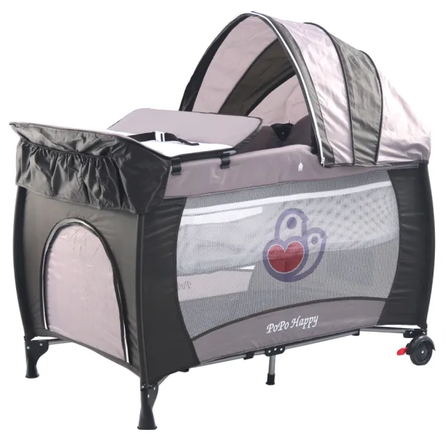 【POPO】雙層安全嬰兒床棕色-具遊戲功能(附贈尿布台、遮光罩與蚊帳)