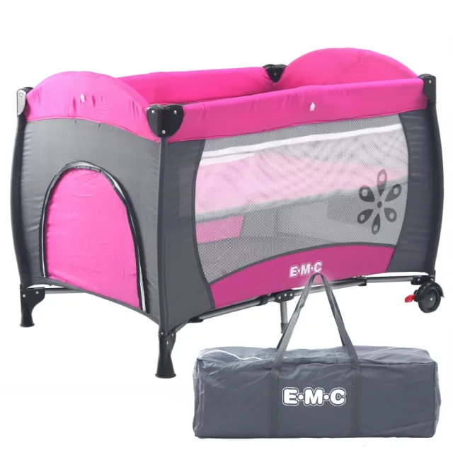 【EMC】雙層安全嬰兒床幸福紅-具遊戲功能(附贈尿布台、遮光罩與蚊帳)