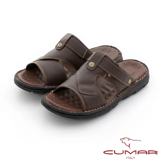 【CUMAR】舒適真皮 彈性大底兩用涼拖鞋(咖啡色)