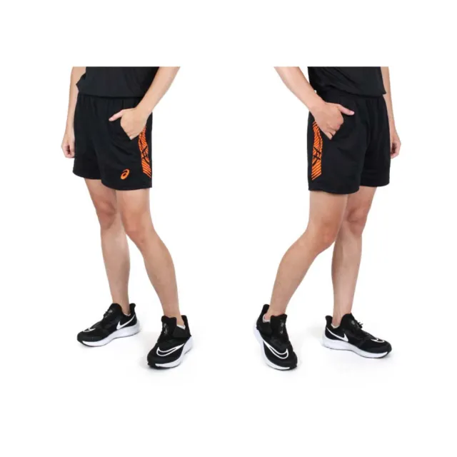 【asics 亞瑟士】男排羽球針織短褲-台灣製 運動 慢跑 吸濕排汗 亞瑟士 黑橘(K32045-9017)
