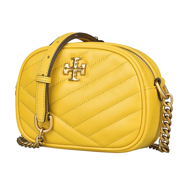 【TORY BURCH】TORY BURCH KIRA CHEVRON 金色十字LOGO絎縫造型羊皮拉鍊斜背相機包(金黃)