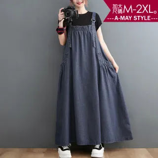 【Amay Style 艾美時尚】現貨 中大尺碼女裝 丹寧 連身裙 休閒寬鬆裙襬牛仔吊帶裙