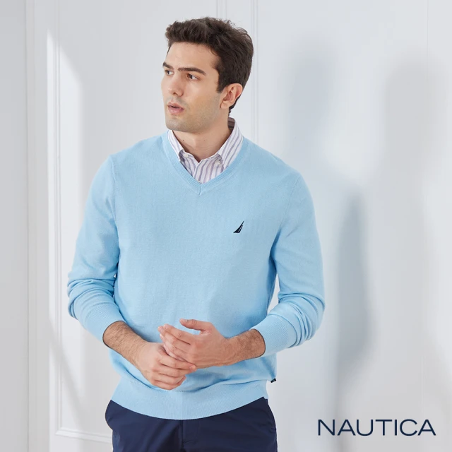【NAUTICA】男裝質感修身V領長袖針織衫(藍色)
