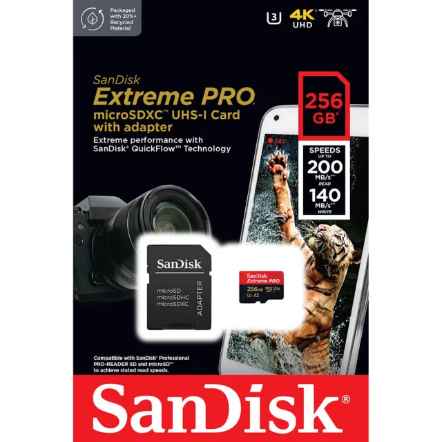 【SanDisk 晟碟】256GB 200MB/s Extreme Pro microSDXC U3 V30 A2 記憶卡(平輸 附轉卡)