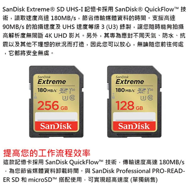 【SanDisk 晟碟】128GB 180MB/s Extreme SDXC SD UHS-I V30 U3 記憶卡(平輸)