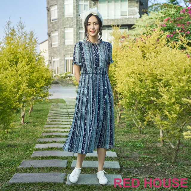 【RED HOUSE 蕾赫斯】波西米亞印花壓褶洋裝-不含腰帶(深藍色)