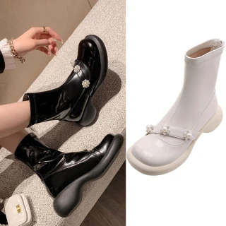 【Sp house】法式白花珍珠真牛漆皮方頭短靴(2色可選)