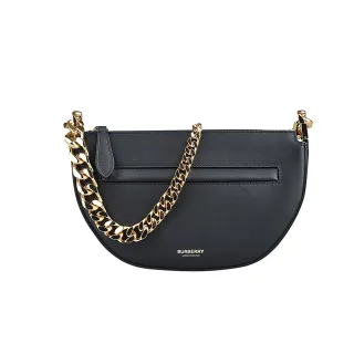 【BURBERRY 巴寶莉】OLYMPIA經典燙金LOGO小牛皮鏈帶半月包(迷你/黑)