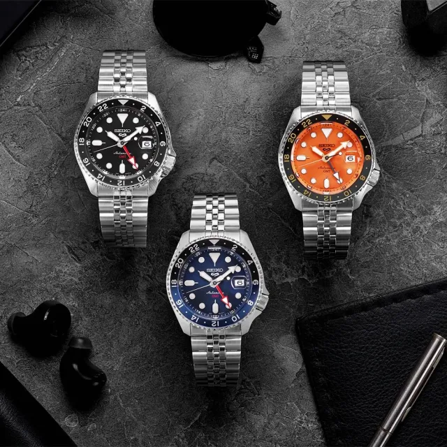 【SEIKO 精工】5 Sports經典SKX GMT 不鏽鋼帶 黑水鬼款(三款可選 綜合賣場 均一價)
