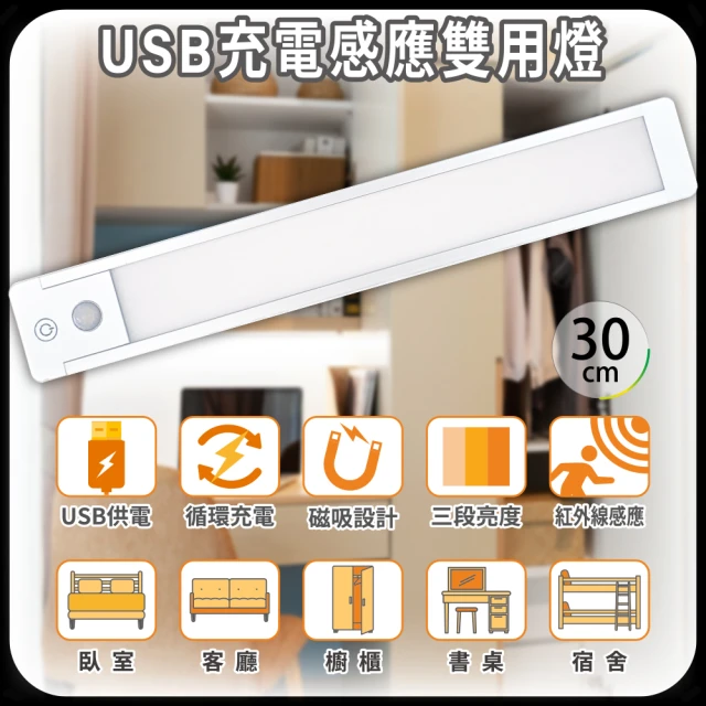 【明沛】USB充電感應雙用燈-30cm-(磁吸設計-簡易安裝-長亮燈-紅外線感應燈-USB供電-MP8648)