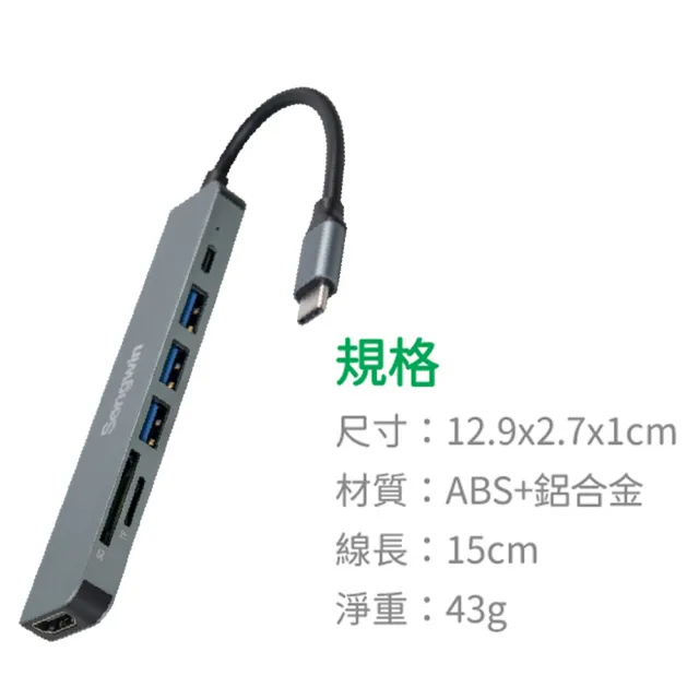 【Songwin】7合1多功能PD充電傳輸集線器 UTO-180(TypeC/USB/HDMI/讀卡機)