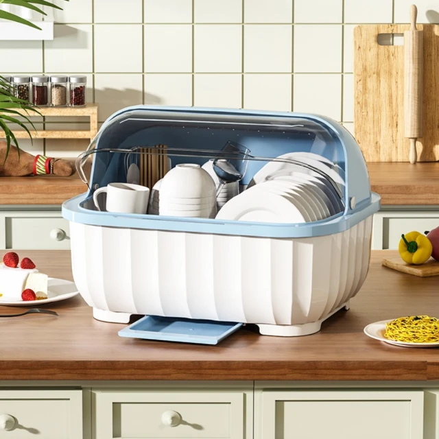 【AOTTO】大容量透明半翻蓋廚房瀝水碗櫃(瀝水架 碗盤收納箱)