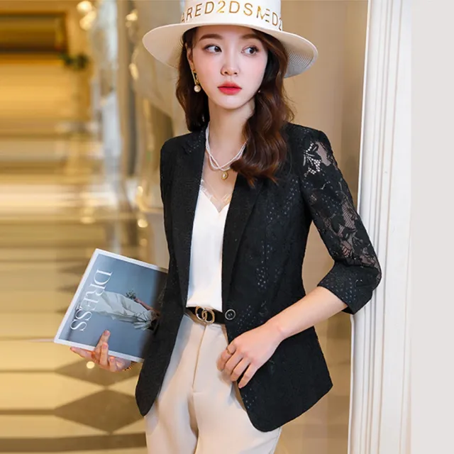 【米蘭精品】現貨+預購 西裝外套休閒西服(蕾絲鏤空七分袖修身一粒扣女外套3色74co6)