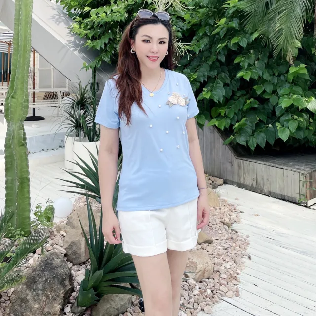 【my stere 我的時尚秘境】雙11 現貨商品-氣質藍紫手工珍珠玫瑰奧黛爾棉顯瘦上衣(時尚百搭 修身