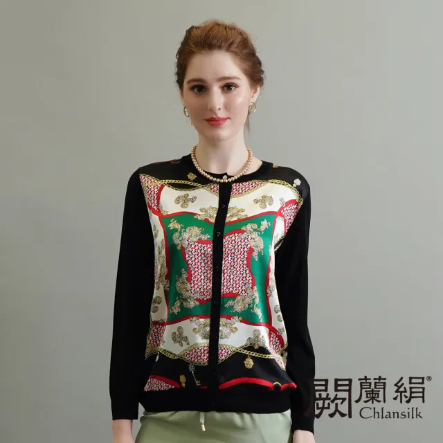 【Chlansilk 闕蘭絹】拼接緞面圖騰花紋蠶絲針織外套