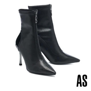 【AS 集團】新經典 LOGO 拉鍊拼接彈力羊皮尖頭美型高跟短靴(黑)