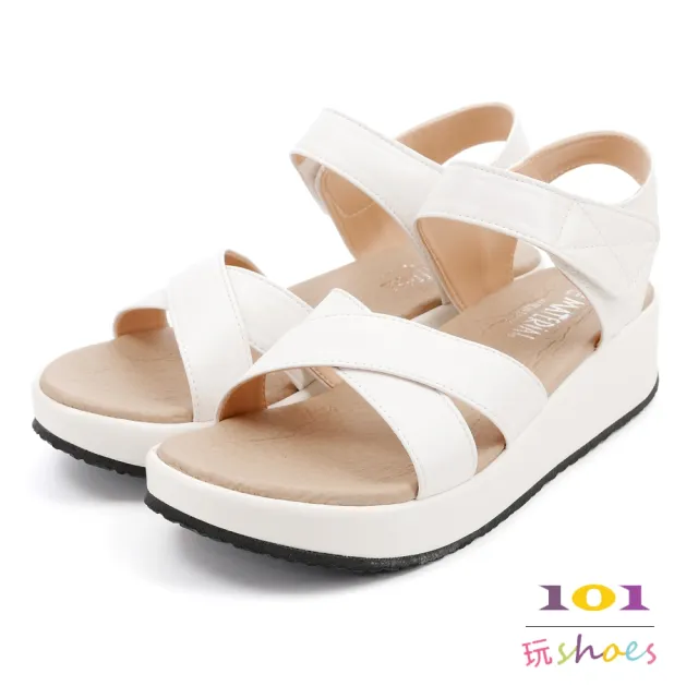 【101 玩Shoes】mit. 質感交叉顯瘦厚底涼鞋(黑色/白色/粉色.36-40碼)