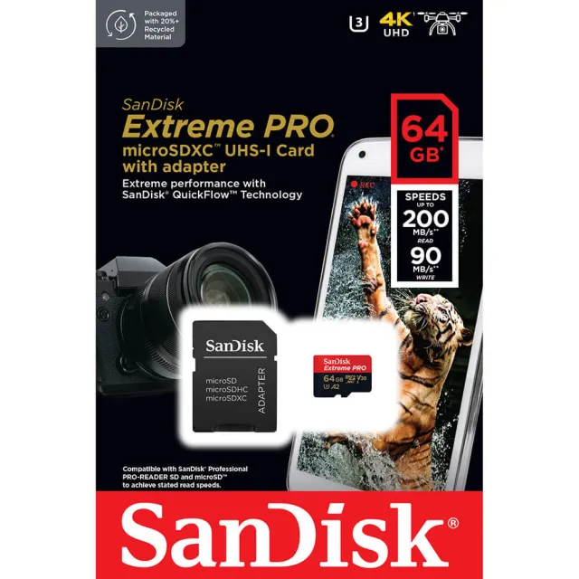 【SanDisk 晟碟】64GB 200MB/s Extreme Pro microSDXC U3 V30 A2 記憶卡(平輸 附轉卡)