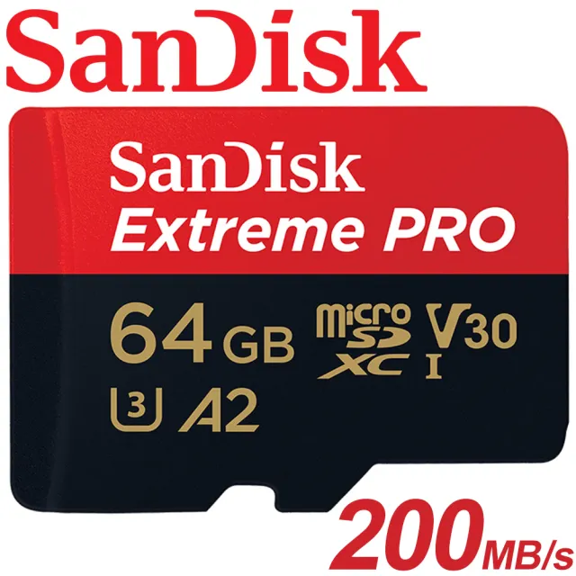 【SanDisk 晟碟】64GB 200MB/s Extreme Pro microSDXC U3 V30 A2 記憶卡(平輸 附轉卡)