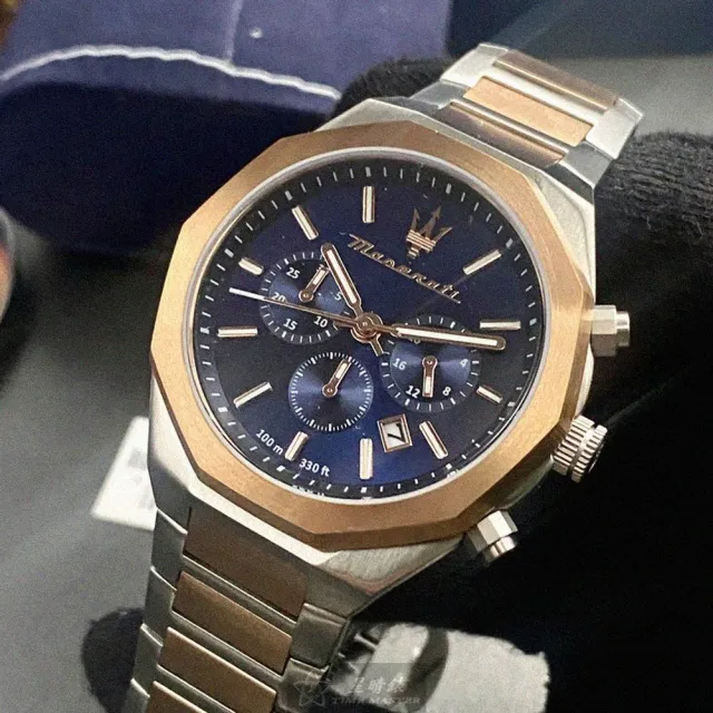 【MASERATI 瑪莎拉蒂】瑪莎拉蒂男錶型號R8873642002(寶藍色錶面玫瑰金錶殼金銀相間精鋼錶帶款)