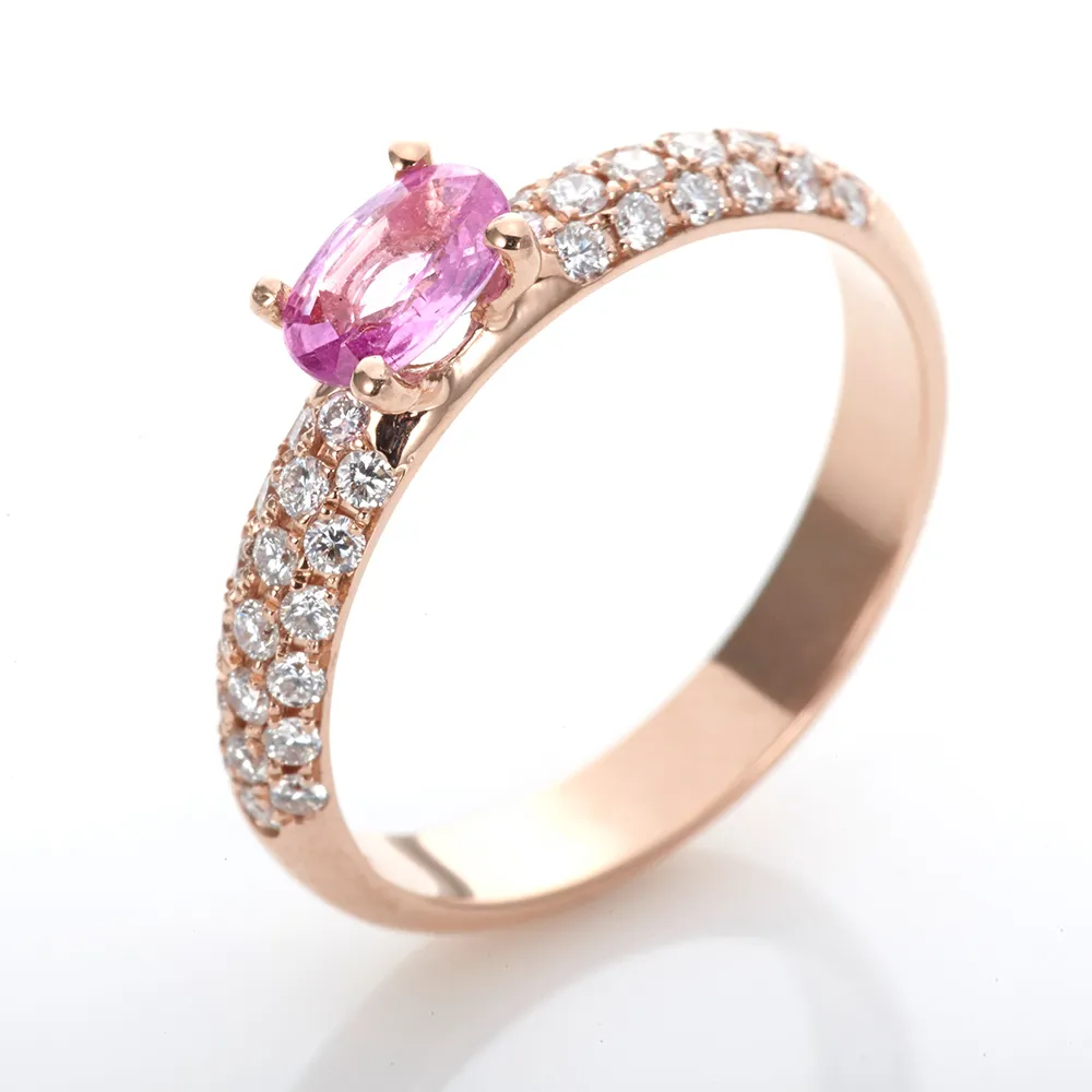 【DOLLY】14K金 天然粉紅藍寶石玫瑰金鑽石戒指