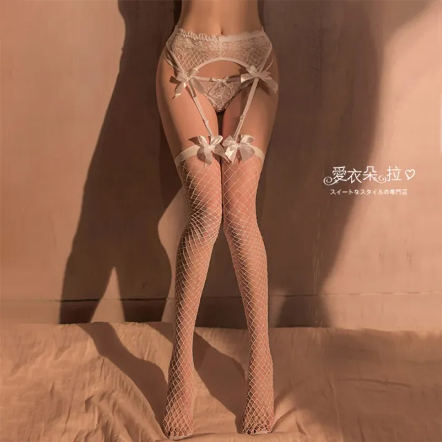 【愛衣朵拉】情趣吊帶3件組 蕾絲吊襪帶+開襠珍珠內褲+網襪(性感大腿襪吊帶襪超值三件組)