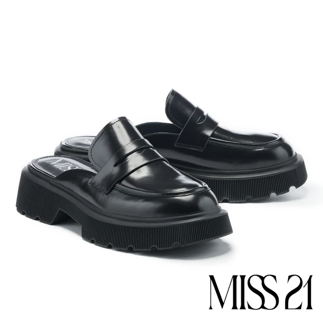 【MISS 21】極簡個性牛油皮鋸齒大頭厚底穆勒拖鞋(黑)