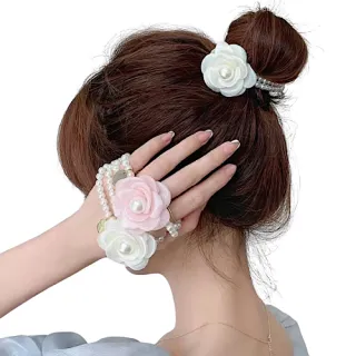 【89 zone】法式古典小香風珍珠花朵 髮飾 髮繩 髮圈 髮束 1 入(不挑款/混色隨機出貨)
