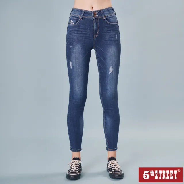 【5th STREET】雙11 女超彈高腰小直褲-中古藍