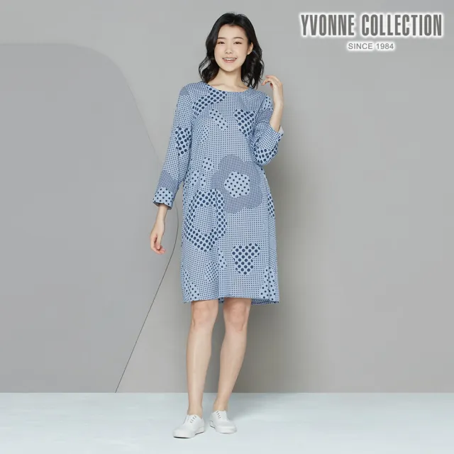 【YVONNE 以旺傢飾】點點花七分袖洋裝(灰藍)