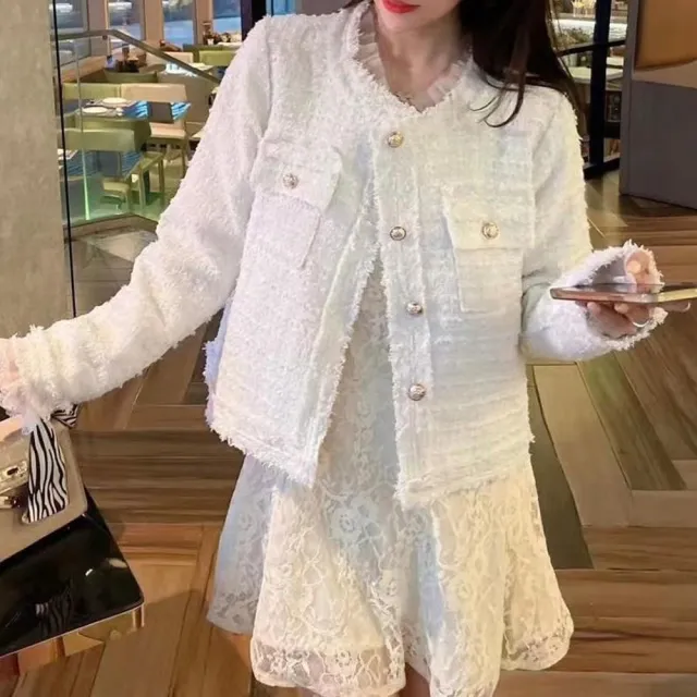 【BBHONEY】氣質小香風外套 毛鬚編織女西裝外套(粉/白/藍)