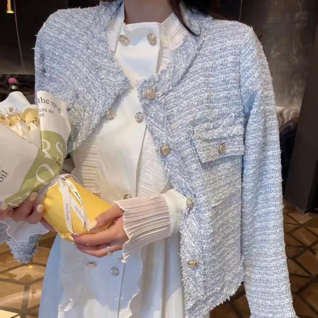 【BBHONEY】氣質小香風外套 毛鬚編織女西裝外套(粉/白/藍)