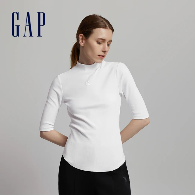 GAP 女裝 Logo立領針織七分袖T恤 女友T系列-白色(798780)