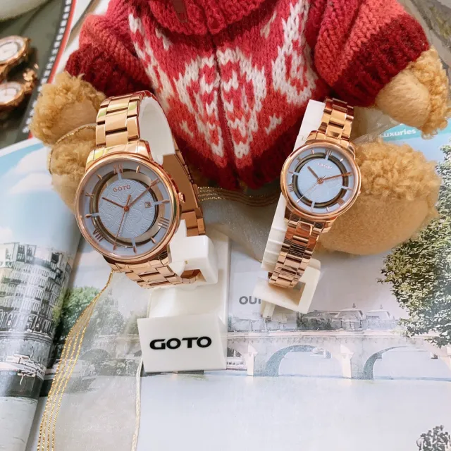 【GOTO】Nostalgia懷舊系列-壓花玻璃-海棠花手錶-IP玫x莫蘭迪藍(GS0117L-44-641)