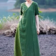 【ACheter】綠色V領斜襟格紋拼接復古文藝短袖棉麻連身裙長版洋裝#119052(綠)