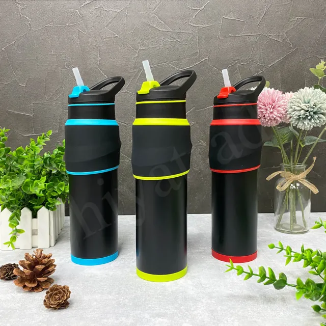 【Peacock 日本孔雀】316不鏽鋼 運動保溫杯 防滑矽膠握把 一鍵式吸管 650ML-紅黑(手提設計)(保溫瓶)