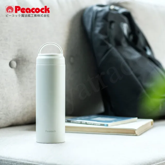 【Peacock 日本孔雀】不鏽鋼 手提式City城市休閒 保冷保溫杯600ML-黑(提把設計)(保溫瓶)